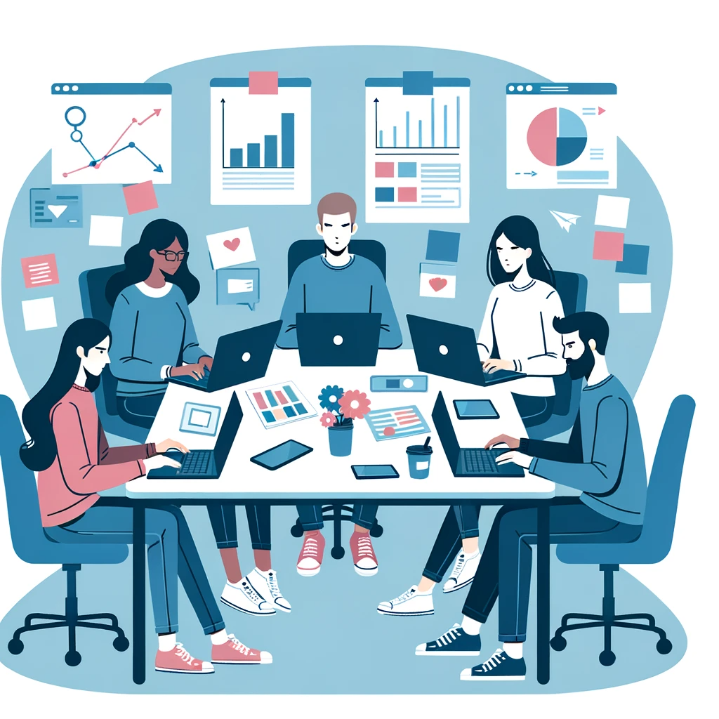 Vector art of a team working in a conference room